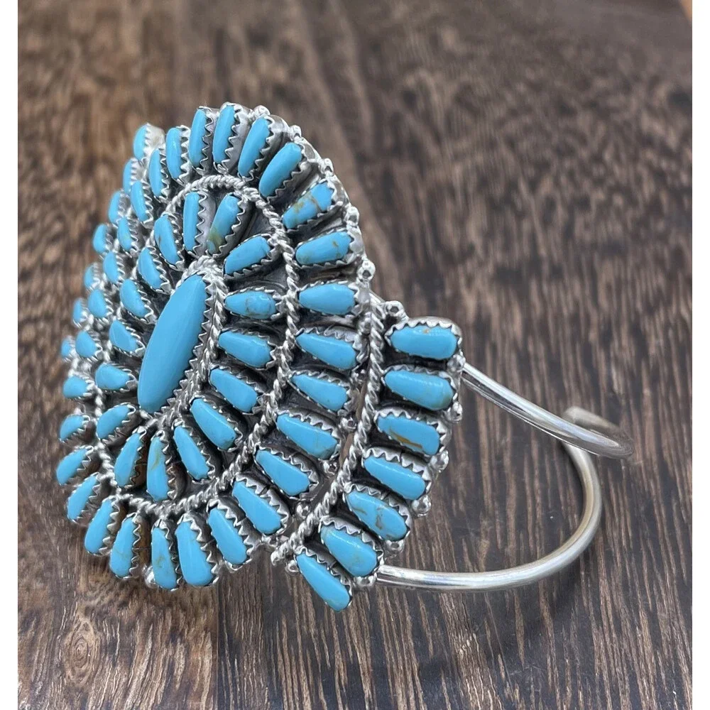Native American Navajo Handmade Sterling Silver Turquoise Cluster Cuff Bracelet - Picture 4 of 5